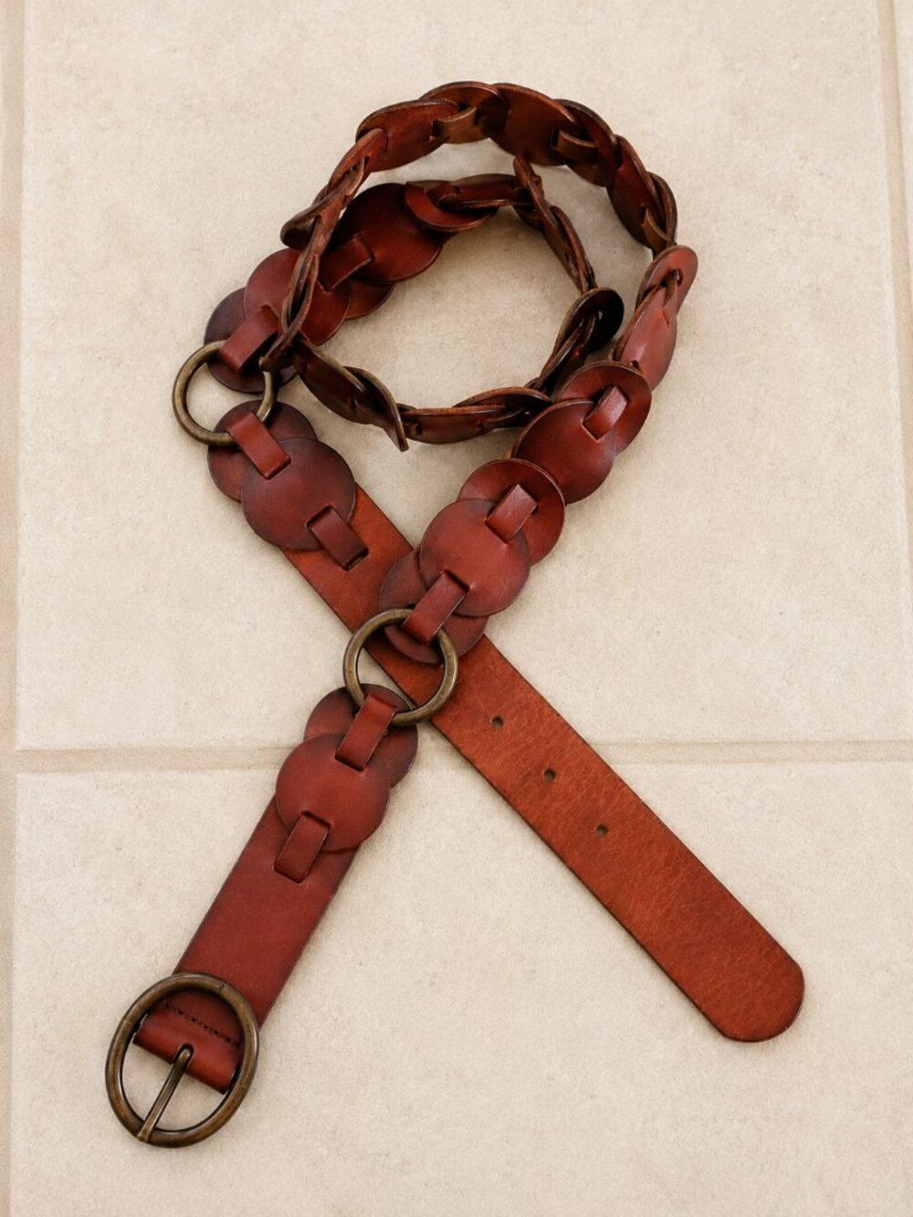 Vintage Fossil Genuine Leather Linked Disc Belt Brown 90s Y2K Boho Western